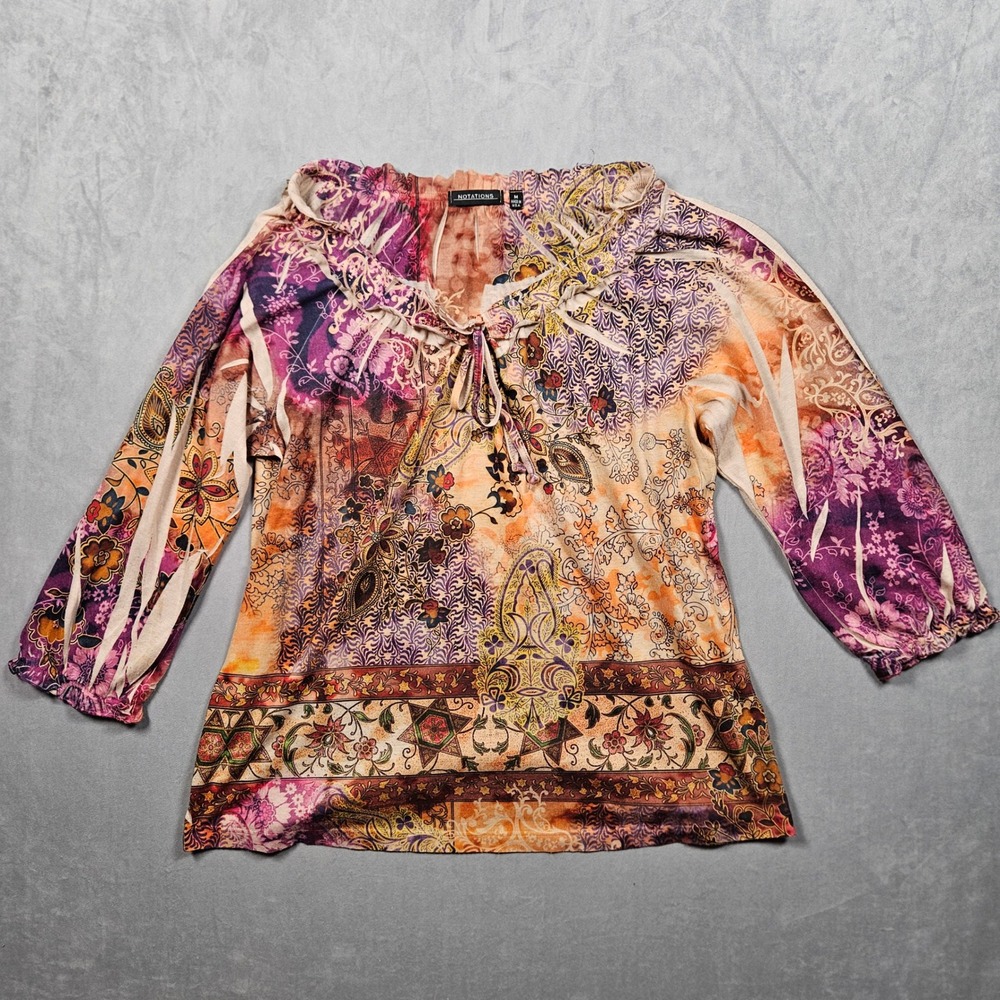 Vintage Notations Blouse Womens Medium Multi‎ Color Boho Paisley Tie Neck Top